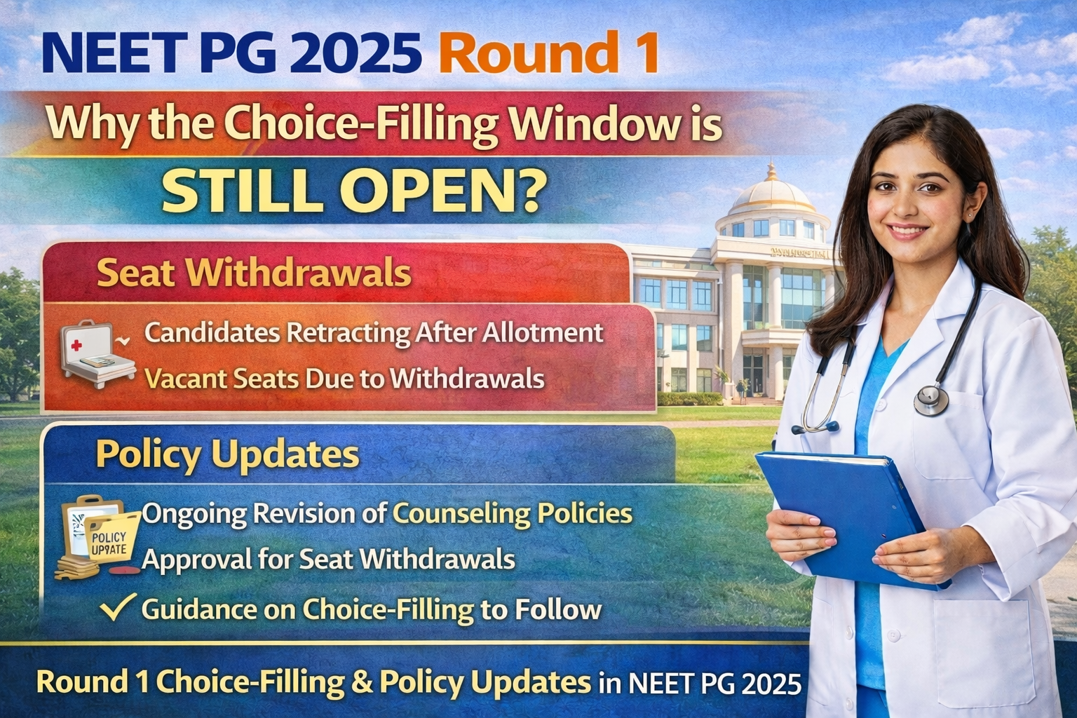 NEET PG 2025 Round1 and Why the Choice Filling Window is still open-Seat Withdrawals & Policy Updates